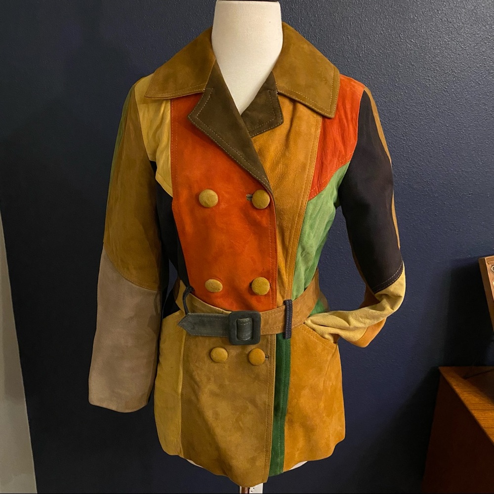 Vintage Ultrasuede Patchwork Vegan Leather Faux Suede Jacket with Belt Lined